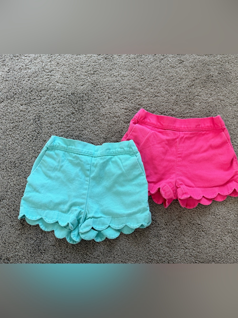 Two pair J Crew kids (crewcuts) girls scalloped shorts, size 5, teal and pink